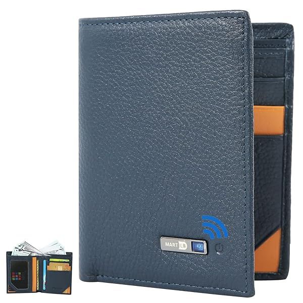 Smart LB Anti-Lost Bluetooth Wallet Tracker Slim Minimalist Leather Wallet for Men Credit Card Holder Gift Box Blue