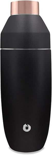 SNOWFOX Premium Vacuum Insulated Stainless Steel Cocktail Shaker Elegant Drink Mixer with Leak Proof Lid and Built In Strainer 22oz Black Gold