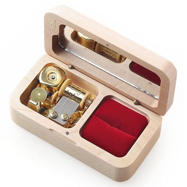 SOFTALK Vintage Wood Ring Jewelry Box - Musical Gift for Engagement, Wedding, Christmas & Valentine's Day (Maple, Romeo & Juliet Tune)