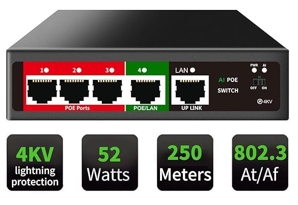 STEAMEMO 5 Port AI PoE Switch with 4 POE Ports 100Mbps 52W Power Unmanaged Metal Plug and Play for Easy Network Setup