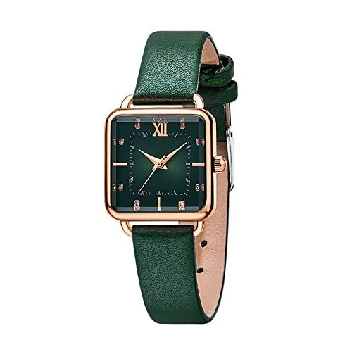 SURVAN WatchDesigner Square Watches for Women Japanese Movement Quartz Wristwatch Ladies Fashion Dress Square Dial Bead Nails Dark Green Leather