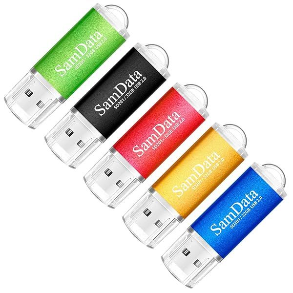 SamData 5 Pack 32GB USB Flash Drives - USB 2.0 Thumb Drives in 5 Colors: Black, Blue, Green, Gold, Red