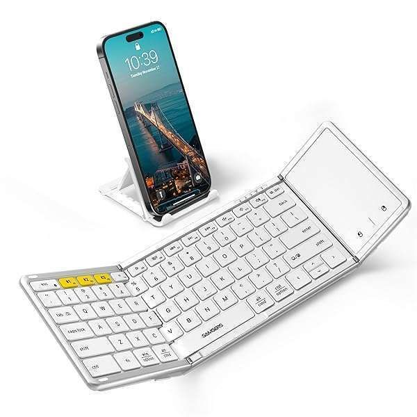 Samsers Foldable Bluetooth Keyboard with Touchpad, Full-Size Wireless Folding Keyboard with PU Leather, Portable Travel Keyboard for iOS Android Windows Mac OS, Support 3 Devices (BT5.1 x 3), Silver