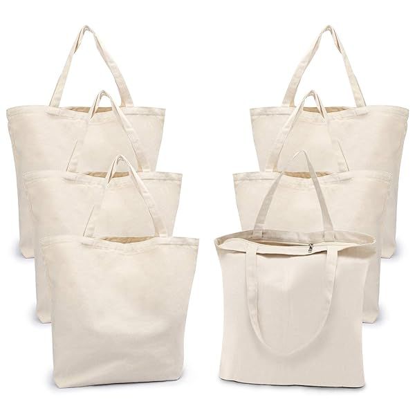 Segarty 6 Pack Canvas Tote Bags with Zipper 19.7 x 15.7 Inch Reusable Thick Washable Grocery Shopping Totes for DIY Crafts and Decoration