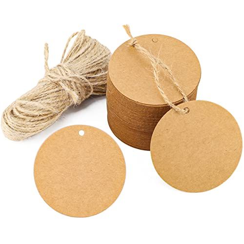 Segarty Circle Gift Tags - 100 PCS Brown Round Thick Kraft Blank Hang Paper Tags with 65 Feet Jute Twine for Craft Projects, Birthday Gifts, Greeting