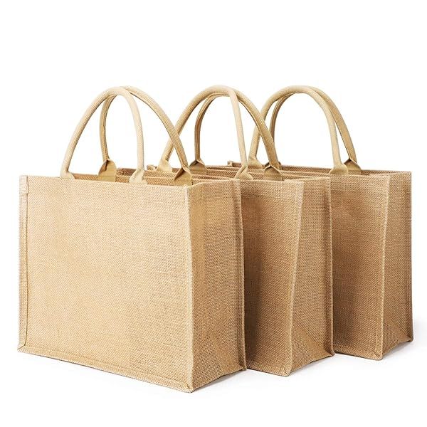 Segarty Jute Tote Bag 3 Pack Small Reusable Burlap Gift Bags with Handles for Weddings Grocery Shopping Bachelorette Parties and Beach Trips