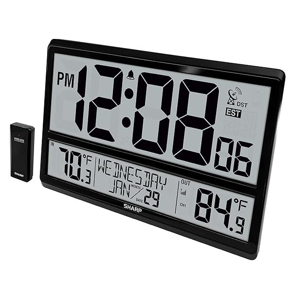 Sharp Atomic Clock with Easy to Read Numbers Indoor Outdoor Temperature Wireless Sensor Battery Powered Easy Set Up
