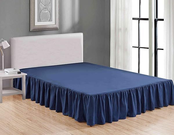 Wrap Around Solid Microfiber Luxury Bed Skirt 14 Inch Drop Queen Navy Hotel Quality Bedding