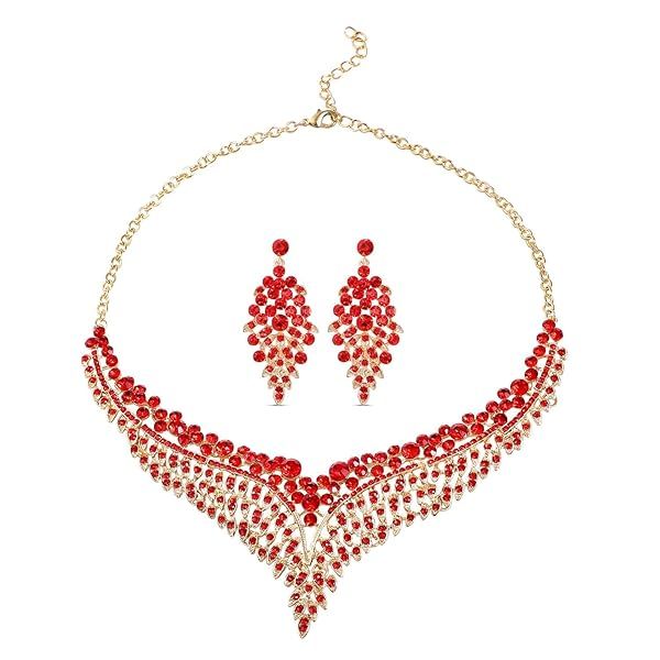 Shop LC Bridal Jewelry Set: Red Crystal Earrings & Bib Necklace for Women - Perfect Wedding & Christmas Gifts