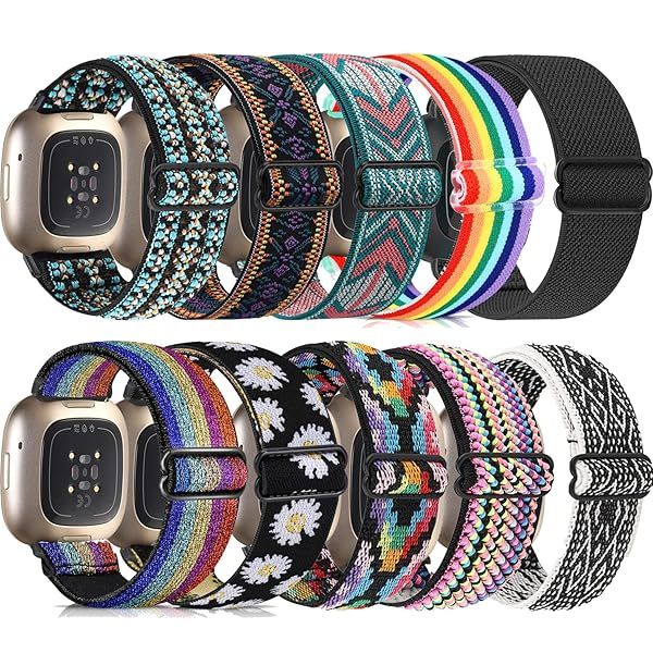 ShuYo Nylon Watch Bands for Fitbit Sense & Versa 3 - 10 Pack Soft Pattern Replacement Bands for Men & Women