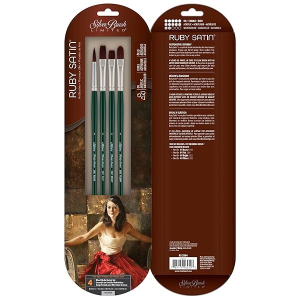 Silver Brush Limited RS-2504 Ruby Satin Mixed-Media Paintbrush Set for Oil Acrylic Heavy Body Paints Size 4 Round Flat Bright Filbert Long Handle