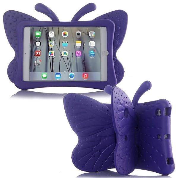 Simicoo 3D Cute Butterfly iPad Case for Kids 10.2 8 7 Shockproof Rugged EVA Foam Stand for Girls and Children Purple