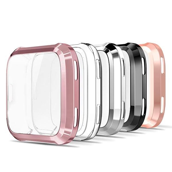 Simpeak Soft Screen Protector Bumper Case for Fitbit Versa Smartwatch Pack of 5 Full Protection in Rose Pink Clear Silver Black Rose Gold