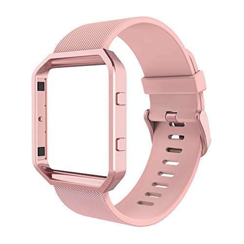 Simpeak Sport Band Compatible with Fitbit Blaze Smartwatch Sport Fitness, Silicone Wrist Band with Meatl Frame Replacement for Fitbit Blaze Men Women, Large, Pink Band+Rose Pink Frame