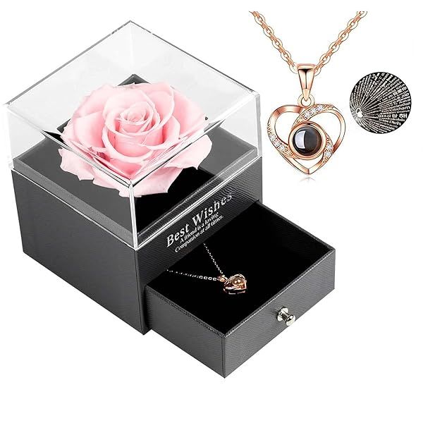 Skalago Real Rose Drawer Necklace Gift Set - I Love You in 100 Languages for Valentine's Day & Anniversaries