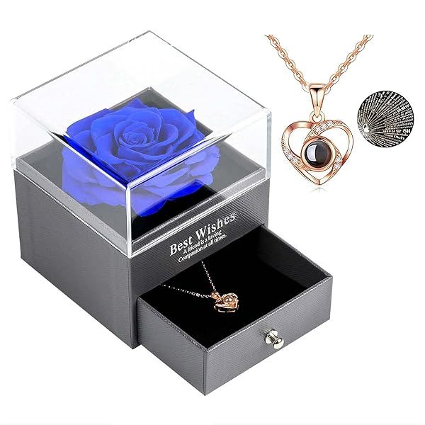 Skalago Blue Preserved Real Rose Necklace Gift Set - I Love You in 100 Languages for Valentine's Day & Anniversaries