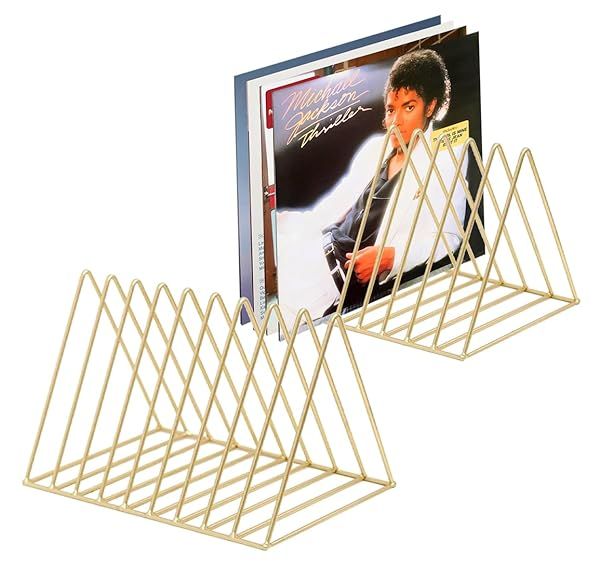 Skywin Record Organizer 2 Pack Vinyl Rack Storage Triangle File Organizer for Desk Holds Up To 60 Albums Space Saving Magazine Holder Gold