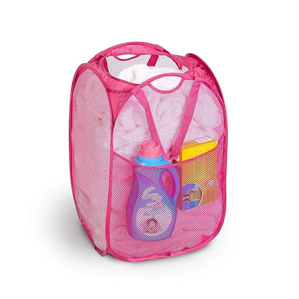 Smart Design Deluxe Mesh Pop Up Laundry Hamper with Side Pocket - Collapsible & Stylish (14x23 Inch, Pink) - Perfect for 2 Loads