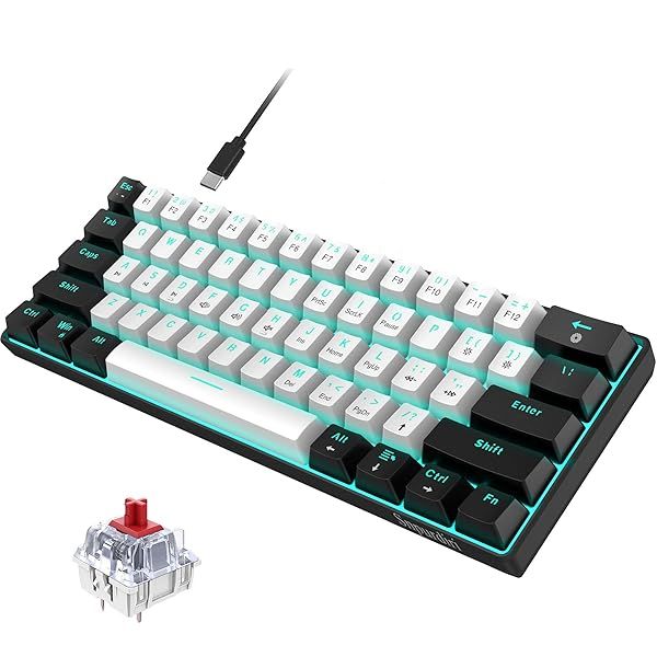 Snpurdiri 60% Wired Mechanical Gaming Keyboard, Ice Blue LED Backlit 61 Keys Mini Wired Office Keyboard for Windows Laptop PC Mac (Black-White, Red