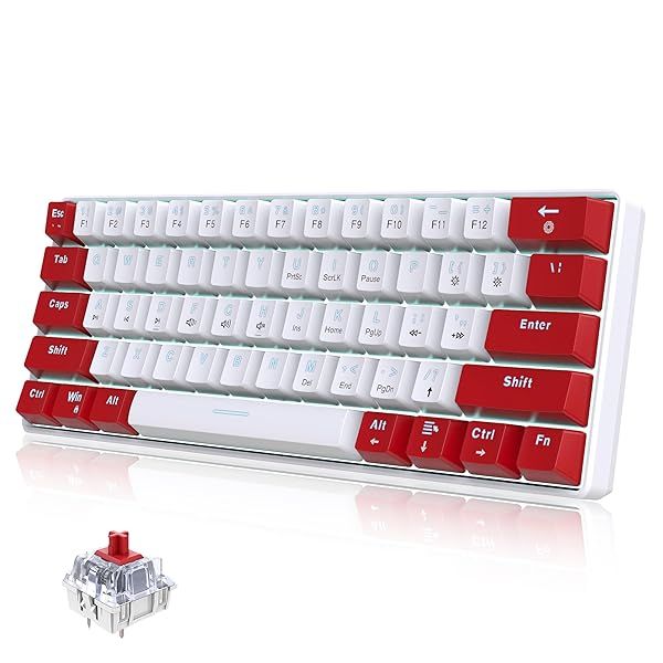 Snpurdiri Wired 60% Mechanical Gaming Keyboard, White LED Backlit Ultra-Compact Mini Office Keyboard for Windows Laptop PC Mac (Red-White, Red