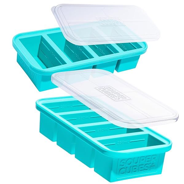 Souper Cubes 1 Cup Silicone Freezer Molds with Lids - Perfect Meal Prep & Storage Solution for Soup & Leftovers - Aqua 2-Pack