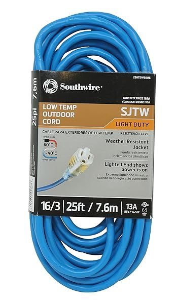 Southwire Coldflex 25ft Light Duty Extension Cord - 16 Gauge, 3 Conductor, Cold Weather, Blue - Model 2367SW8806