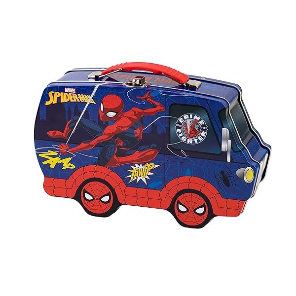 Spider-Man Van Shaped Tin Carry All: Secure Handle Lock & Clasp for Kids