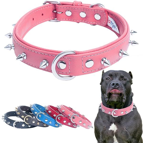 Spiked Studded Leather Dog Collar Padded Double-Ply 22 Inch Pink Genuine Leather for Boxer Retriever Pit Bull Terrier