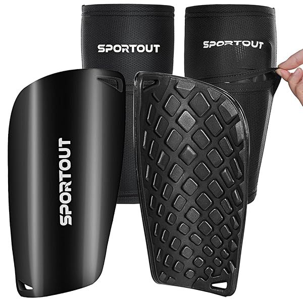 Sportout Soccer Shin Guards for Adults & Kids - Cushioned Ankle Protection & Injury Prevention (Black, Medium)