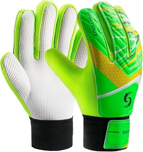 Sportout Kids Goalkeeper Gloves with Double Wrist Protection Non-Slip Latex Material Size 6 for Ages 8 to 12 Green Soccer Gloves