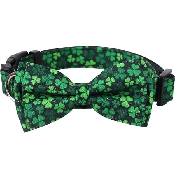 St Patrick's Day Dog Collar with Removable Bow Tie Adjustable for Medium Pets