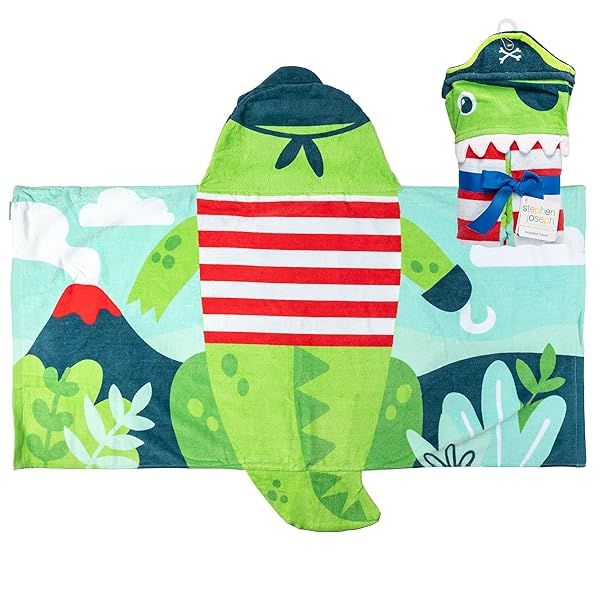 Stephen Joseph Kids Hooded Bath Beach Towel Super Absorbent Cute Characters for Girls and Boys Swim Pool Cover Up Dino Pirate