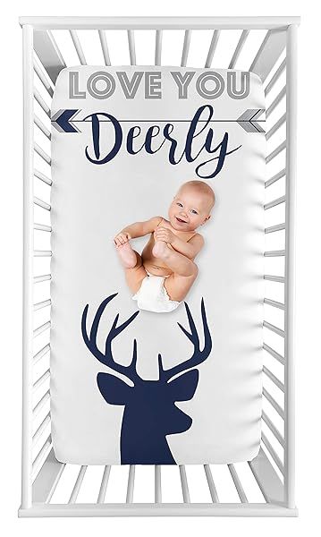 Sweet Jojo Designs Woodland Deer Boy Fitted Crib Sheet Navy Blue and White Stag for Baby or Toddler Bed Nursery Photo Op