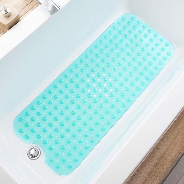 TEESHLY Extra Long Non-Slip Bathtub Mat 39x16 Inch - Machine Washable Shower Mat with Drain Holes & Suction Cups (Clear Turquoise)