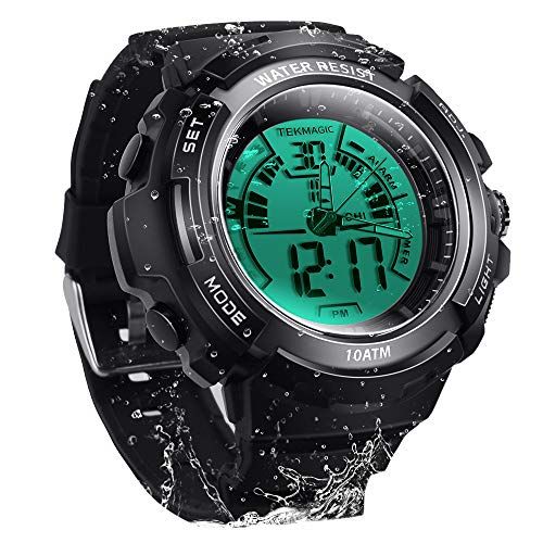 TEKMAGIC 10ATM Waterproof Digital Scuba Diving Watch: 100m Underwater, Stopwatch & Luminous LCD for Swimming & Running
