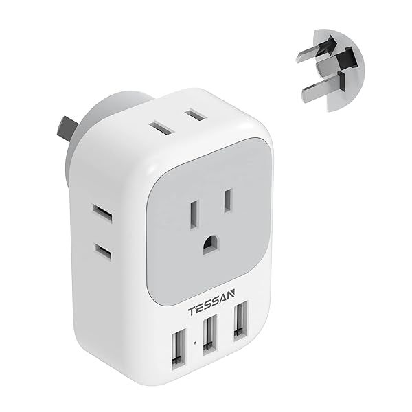 TESSAN Australia Power Plug Adapter, US to New Zealand Power Adapter with 4 American Outlets 3 USB Charger, Type I Travel Adaptor for USA to
