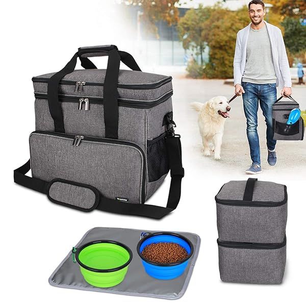 Teamoy Double Layer Dog Travel Bag with Collapsible Bowls and Food Carriers for Pet Supplies Weekend Organizer Large Gray