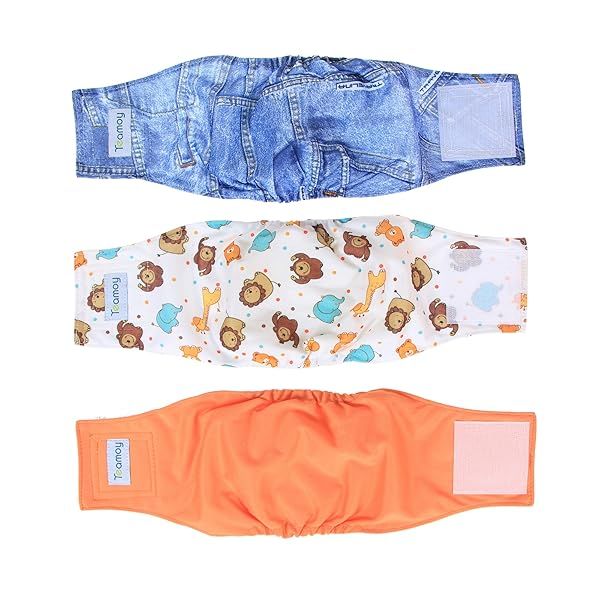 Teamoy Reusable Wrap Diapers for Male Dogs Washable Puppy Belly Band Pack of 3 Sizes S 10 to 13 Inch Waist Orange Denim Fat Smile