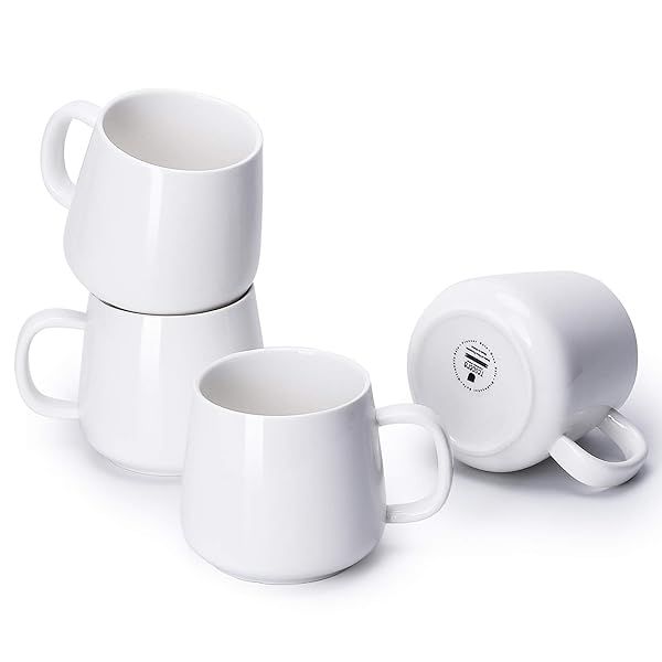 Teocera Porcelain Coffee Mugs Set of 4 - 12oz Modern White Cups for Hot & Cold Drinks