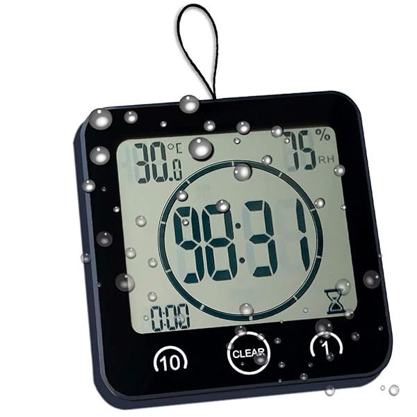 Waterproof Shower Timer & Wall Clock: Large Digital Countdown with Suction, Temp & Humidity Display for Kids & Outdoor Use