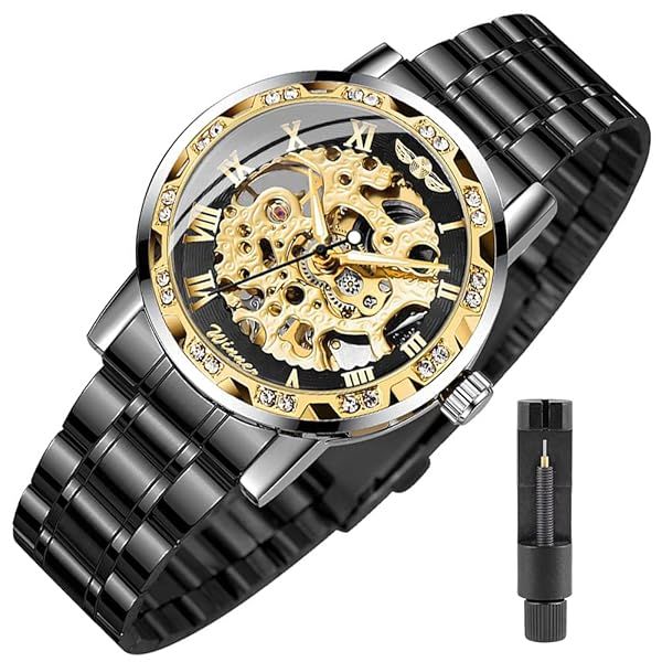 Shop Tiong BOSNI Men's Luxury Black Watch - Rhinestone Roman Dial, Stainless Steel Band, Mechanical Sports Clock G1089-Black