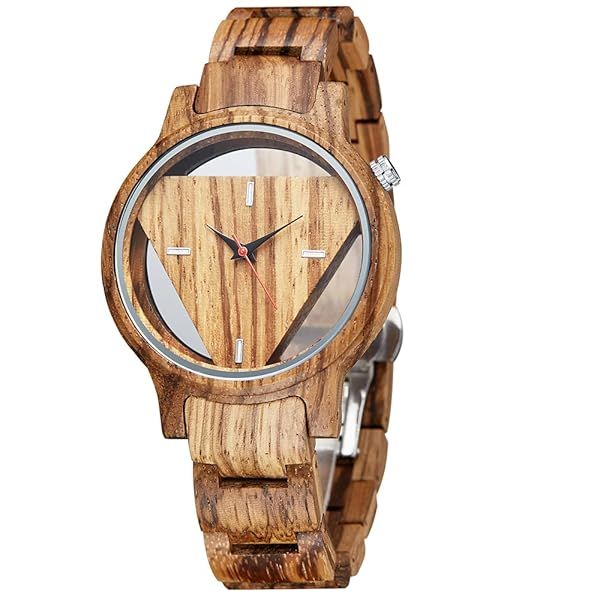 Tiong Mens Wooden Watch Triangle Skeleton Dial Full Wood Strap Quartz 42mm Brown 18mm Band Push Button Hidden Clasp