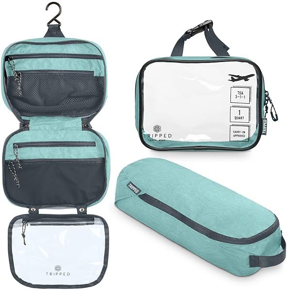 Ultimate Toiletry Bag Kit: Hanging Travel Organizer + TSA Cosmetic Bag + Ultralight Pouch in Dusty Teal