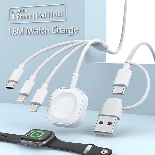 Travel Multi 6-in-1 Universal Charger Cable,USB A Type C iWatch Charger+Lightning*2+Type C Cord Adapter Combo for Smart Watch Series 9 8 7 6 5 4 3 2