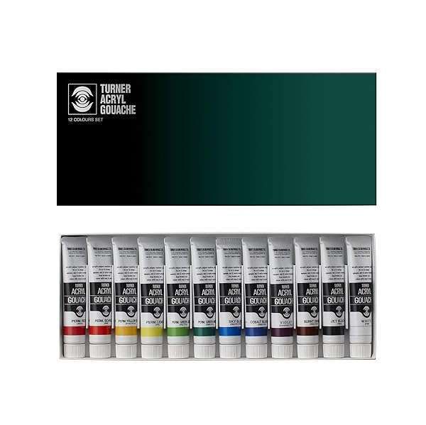 Turner Acrylic Paint Set - 12 Super Concentrated Vibrant Gouache Tubes | Fast Drying, Velvety Matte Finish