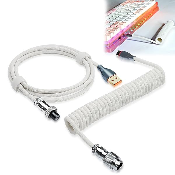 UCINNOVATE Pro Custom Coiled 1.8M USB C Cable for Gaming Keyboard, Double-Sleeved Mechanical Keyboard Cable with Detachable Metal Aviator, White