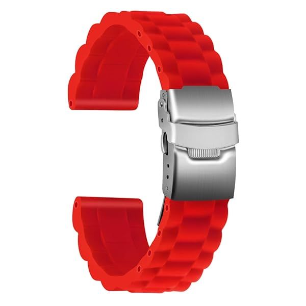 ULLCHRO Waterproof Silicone Watch Strap - 16mm to 24mm Rubber Band with Stainless Steel Buckle - Red Link Pattern