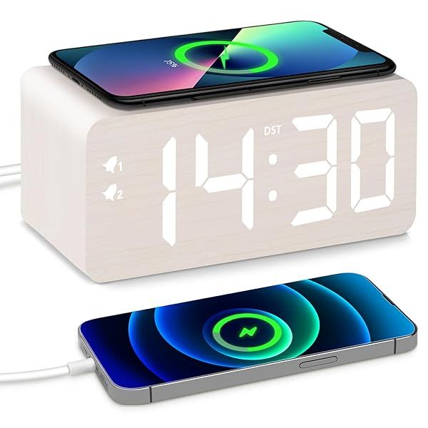 URAYCO Wooden Digital Alarm Clock, 10W Fast Wireless Charger Station and 2 USB Charging Ports, with 0~99% Dimmer, Dual Alarm, Weekday Weekend Mode,