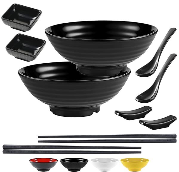 Unbreakable Ramen Bowl Set: 2 Large Melamine Bowls, Chopsticks & Spoon for Pho, Udon & More - Red-Black