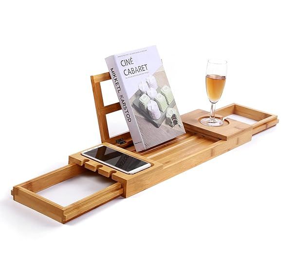 Utoplike Bamboo Bathtub Caddy Tray: Adjustable Organizer for Books, Wine, and Towels
